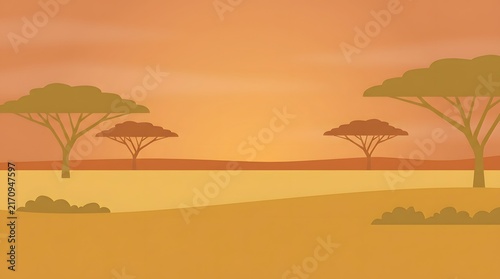 Flat illustration of African savanna landscape with acacia trees during warm sunset