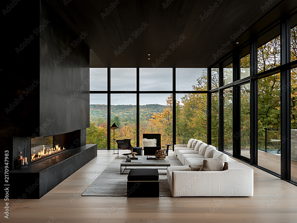 Naklejka premium Modern living room with expansive windows and a view of autumn foliage