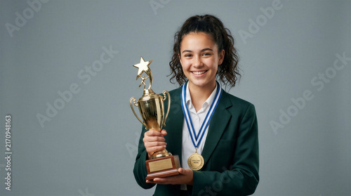 Teenager holding a trophy and medal with a cheerful expression  