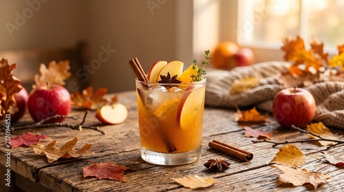 Fresh red apples next to a glass of spiced apple cider surrounded by dry autumn foliage and star anise.