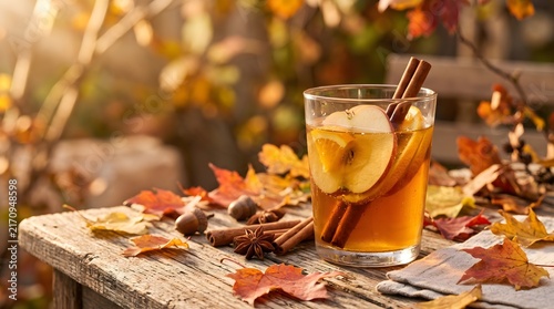 Freshly made spiced apple drink with cinnamon in a clear glass placed on a rustic outdoor wooden surface in fall.