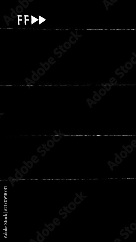 Old VHS Tape Display FF Fast Forward Analog TV with Distorted. Vertical 4K animation of a VHS tape fast-forward overlay with distorted effects and static noise on a black background.