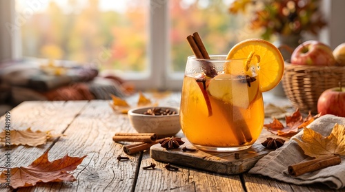 Glass of warm apple cider garnished with cinnamon and orange slice sitting by a bright autumn window