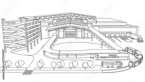 Modern stadium complex illustration white background.