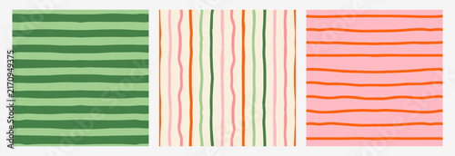 Set of seamless abstract stripe patterns with hand-drawn vertical lines. Modern decorative vector backgrounds with irregular organic stripes in soft colors. Suitable for textile, packaging, wallpaper,