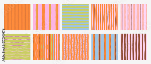 Set of seamless abstract stripe patterns with hand-drawn vertical lines. Modern decorative vector backgrounds with irregular organic stripes in soft colors. Suitable for textile, packaging, wallpaper,