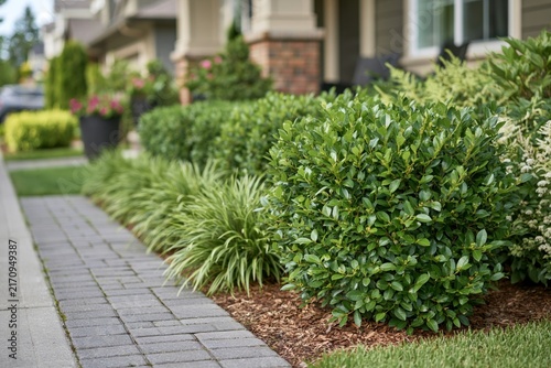 Residential landscaping and garden design green shrubs and plants along a paved walkway in a suburban neighborhood