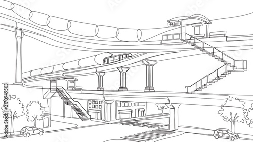 Modern stadium interior sketch white background.