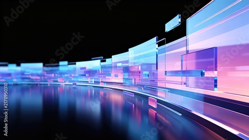 Futuristic transparent glass panels with glowing blue and pink reflections, idea for digital technology, data communication, virtual interface and modern abstract banner background
