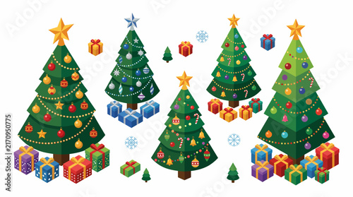 Collection of Decorated Christmas Trees with Presents and Ornaments.