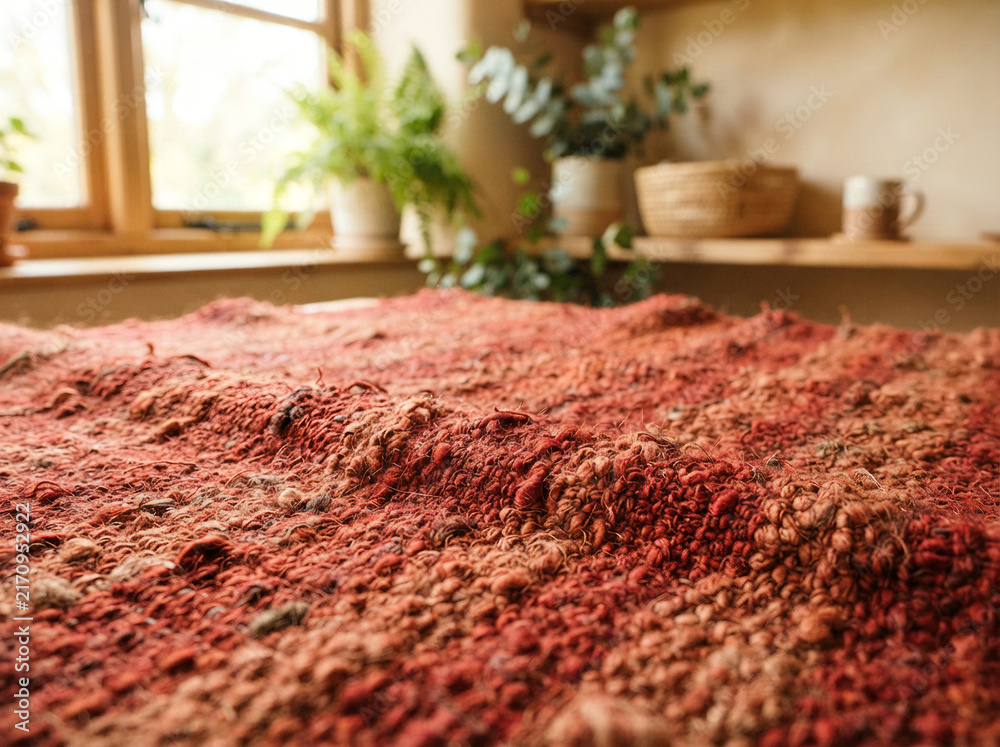 Fototapeta premium Deep reddish brown textured rug in a plant filled sunlit room in soft daylight