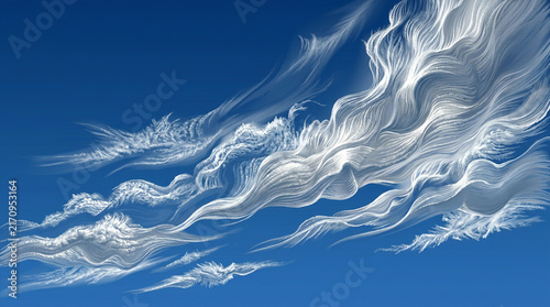 Wispy swirling white clouds forming patterns on a deep blue sky in soft daylight