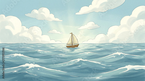 Single sailboat on open water under puffy clouds and streaming light in soft daylight