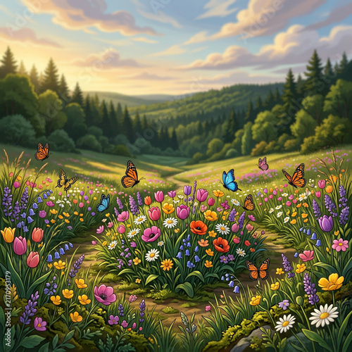 Painted meadow of wildflowers and butterflies below evergreen hills in soft daylight