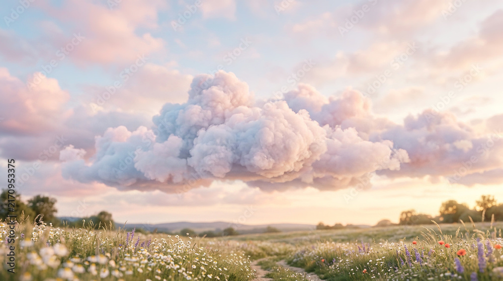 Obraz premium Towering white cloud above a wildflower meadow and a winding dirt path
