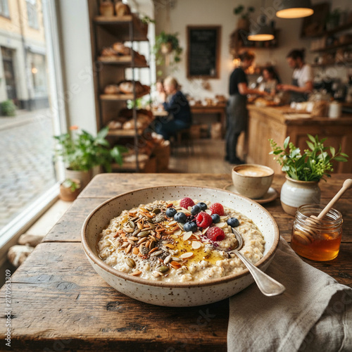 Porridge bowl topped with berries honey and seeds on a weathered cafe tabletop