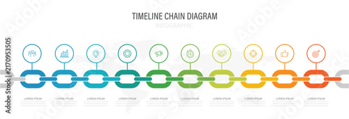 chain diagram infographic with 10 steps, can be used for process diagrams, presentations and workflows. Presentation, Report, Data, Plan and Strategy. Vector illustration.
