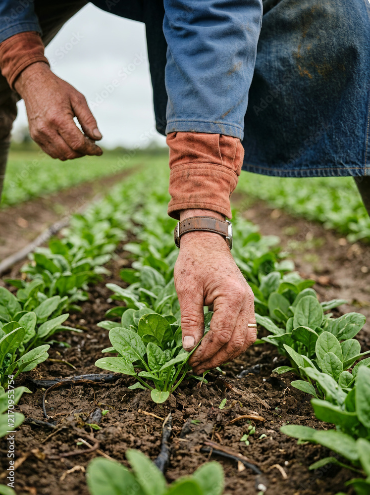 Fototapeta premium Gloved hands inspecting the leaves of young crops in a mulched field row