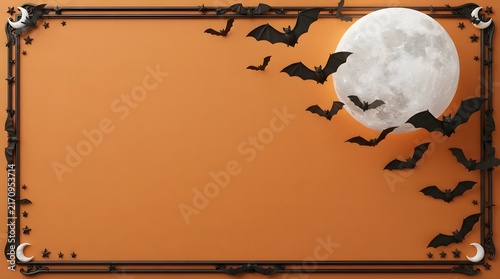 A festive halloween template featuring a full moon and flying bats against an orange background