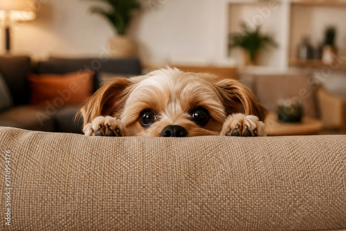 Cute Little Dog Peeking Over Couch Edge at Home