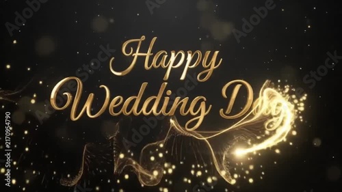 Golden Happy Wedding Day Text Animation with Glowing Particles and Hearts on Black
