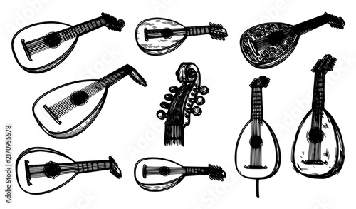 Bild auf Leinwand Vintage Lute Silhouette and String Instrument Music Icon Vector Set
