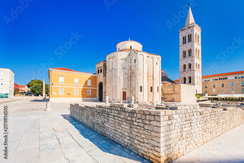 Roman forum, historic square and cathedral of st. Donat in Zadar, Dalmatia, Croatia 