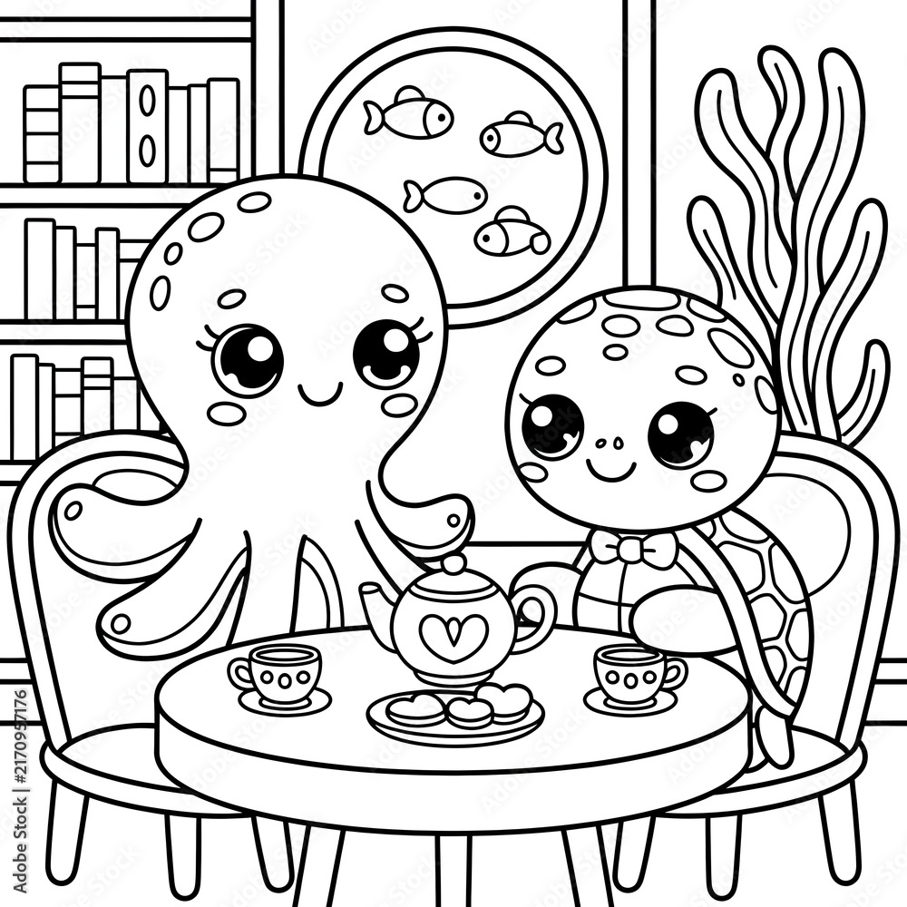 Fototapeta premium Kawaii octopus and turtle having tea party coloring page for kids and adults