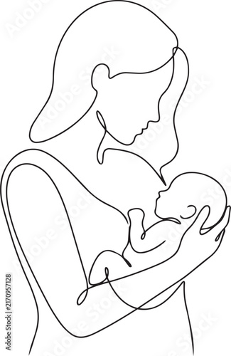 Mother holding newborn baby continuous line art vector illustration