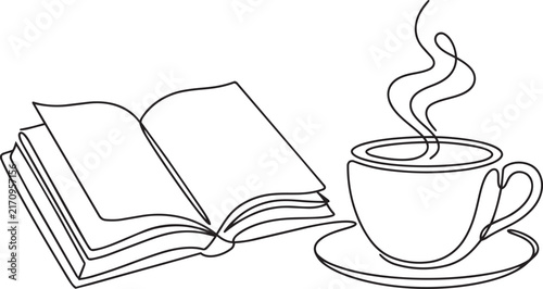 Open book and steaming cup of coffee continuous line art vector
