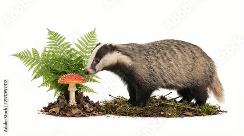 A wild badger cautiously sniffs a vibrant red and white toadstool mushroom amidst lush green ferns and mossy ground cover, representing a charming woodland encounter