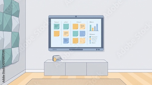 Smartboard project notes grid in modern hybrid office meeting corner