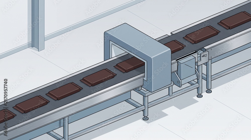 Fototapeta premium Isometric chocolate bar inspection line with metal detector reject gate