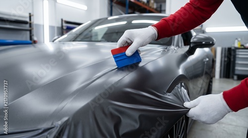 Professional car wrapping process with vinyl film application on vehicle hood in a garage workshop
