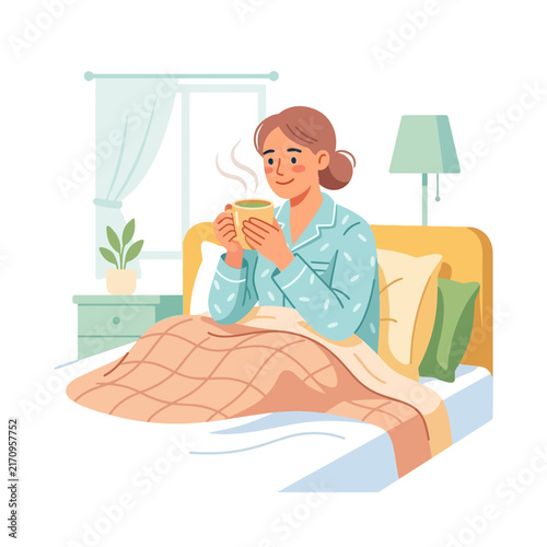 Woman in Bed Enjoying Morning Coffee, Cozy Bedroom Scene Illustration