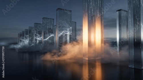 Abstract digital glass pillars with glowing data patterns and atmospheric fog in a dark futuristic landscape