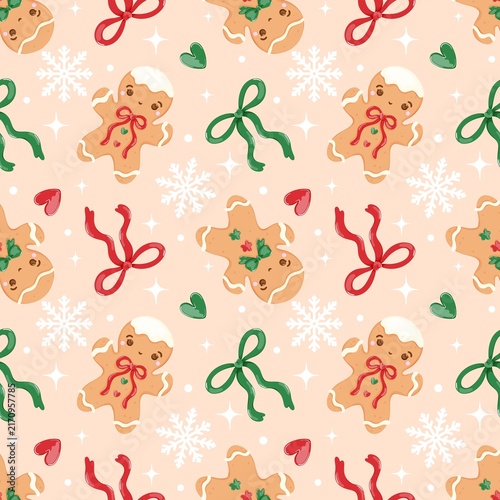 Cute Christmas Gingerbread Man Seamless Pattern with Ribbons and Snowflakes on Peach Background