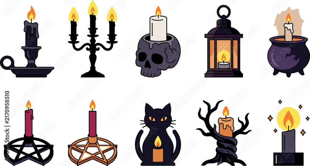 Naklejka premium Spooky Halloween Candle and Occult Light Vector Icon Set Featuring Candelabra Skull Holder Lantern Witch Cauldron Pentagram Black Cat and Creepy Tree Elements