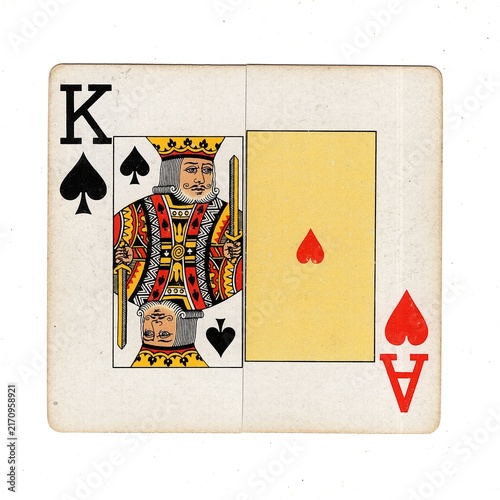 A square pontoon or blackjack playing card made up of two different halves isolated on a white background.