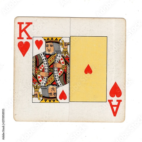 A square pontoon or blackjack playing card made up of two different halves isolated on a white background.
