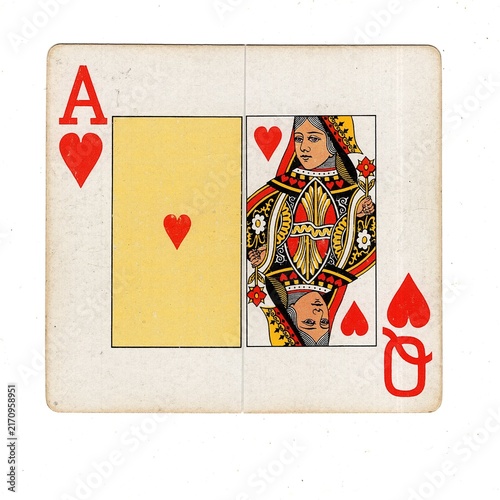 A square pontoon or blackjack playing card made up of two different halves isolated on a white background.