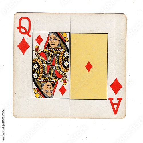 A square pontoon or blackjack playing card made up of two different halves isolated on a white background.