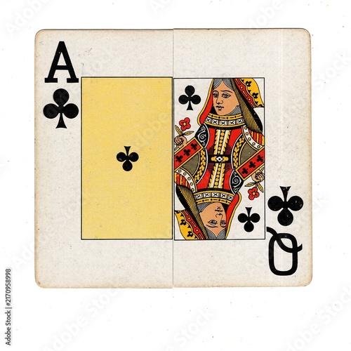 A square pontoon or blackjack playing card made up of two different halves isolated on a white background.