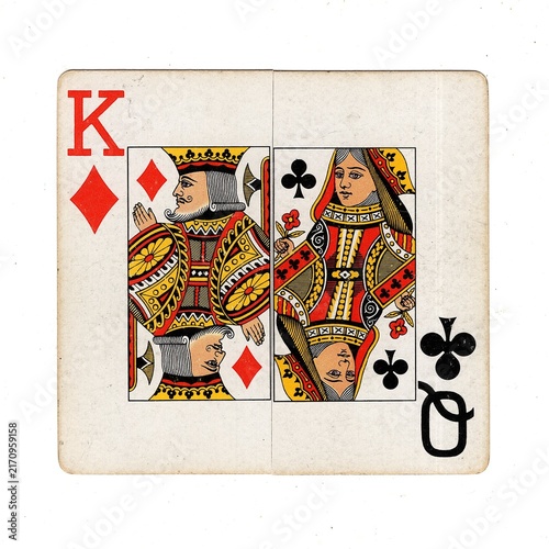 A square pontoon or blackjack playing card made up of two different halves isolated on a white background.