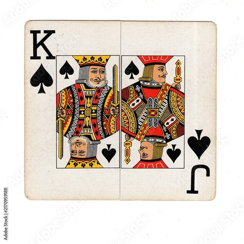 A square pontoon or blackjack playing card made up of two different halves isolated on a white background.