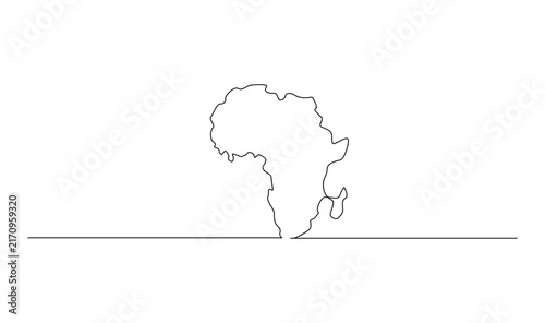 Minimalist One Continuous Line Drawing of Africa Map Emerging from a Horizontal Line, Black Outline on White Background, Geographic Illustration