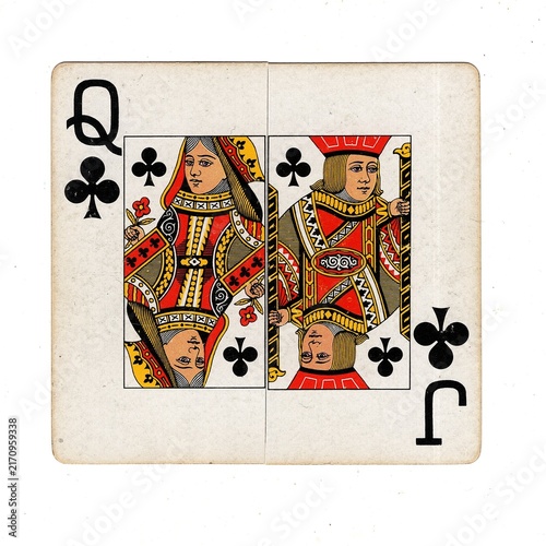 A square pontoon or blackjack playing card made up of two different halves isolated on a white background.
