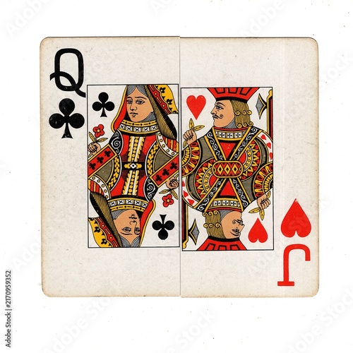 A square pontoon or blackjack playing card made up of two different halves isolated on a white background.