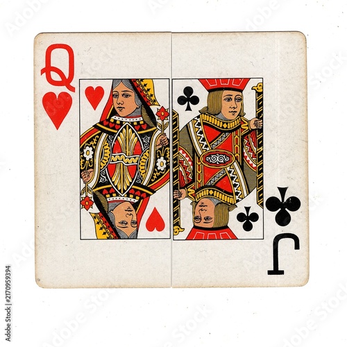 A square pontoon or blackjack playing card made up of two different halves isolated on a white background.