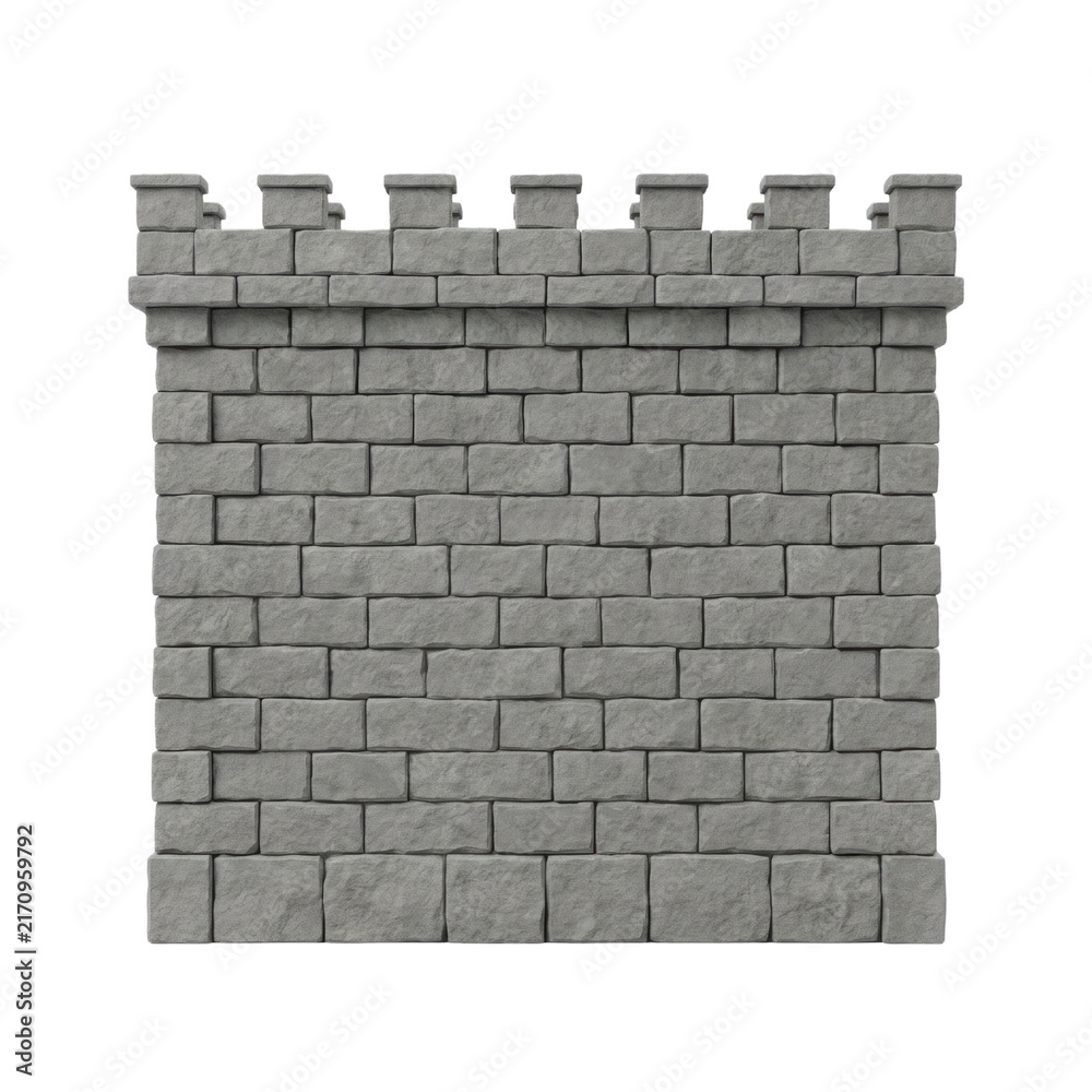 Fototapeta premium Isolated stone castle battlement wall section with gray granite bricks, a medieval fortification element.